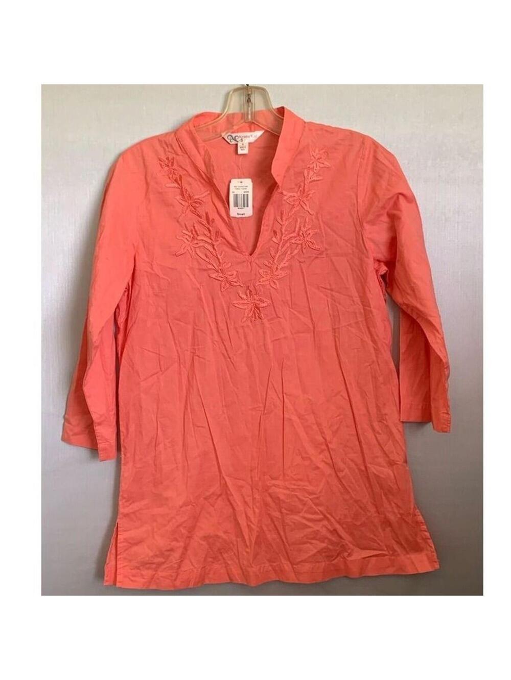 Krazy Kat Women's Coral Embroidered Floral Tunic Top Small 3/4 Sleeve